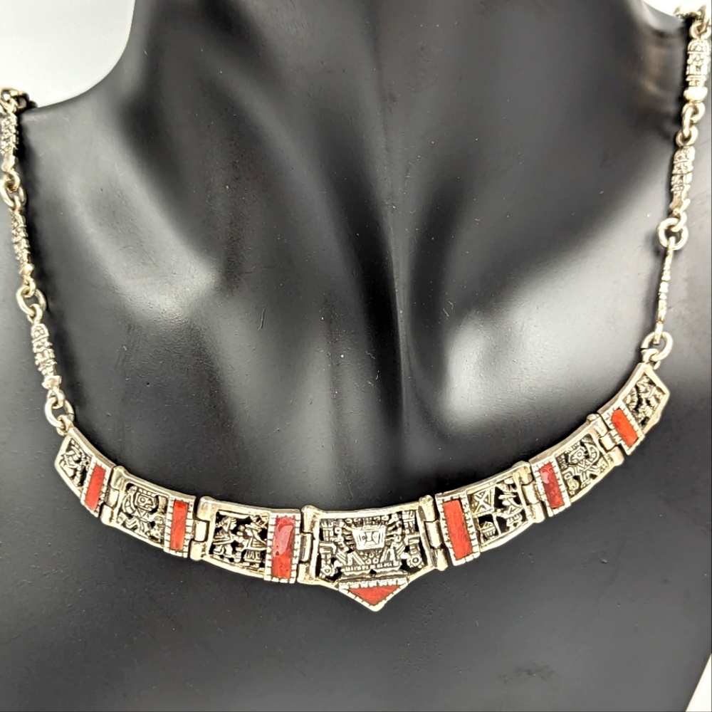 Vintage Peruvian Coral Inlay Sterlin Siver Necklace